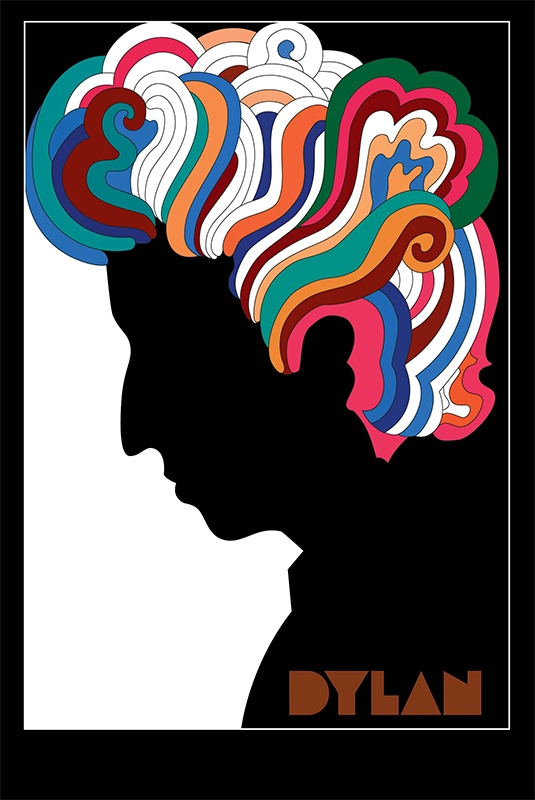 Affiche représentant la silhouette Bob Dylan avec des cheveux multicolores, à la manière de Milton Glaser