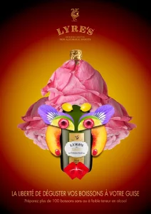 Affiche publicitaire pour la boisson sans alcool Lyre représentant une bouteille avec des fruits et des fleurs, formant un visage à la manière de l'artiste Arcimboldo