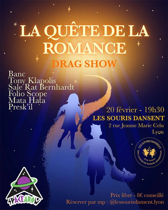 Affiche pour le drag show du collectif Spacearow, représente deux enfants qui courent sur un chemin partant à l'aventure, dans une ambiance de nuit étoilée