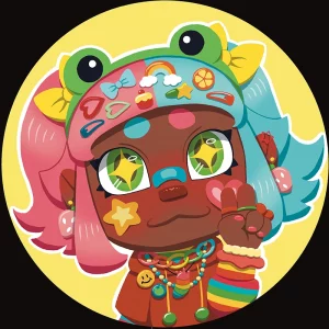 Dessin cartoon kawaii d'une fille au style décora multicolore