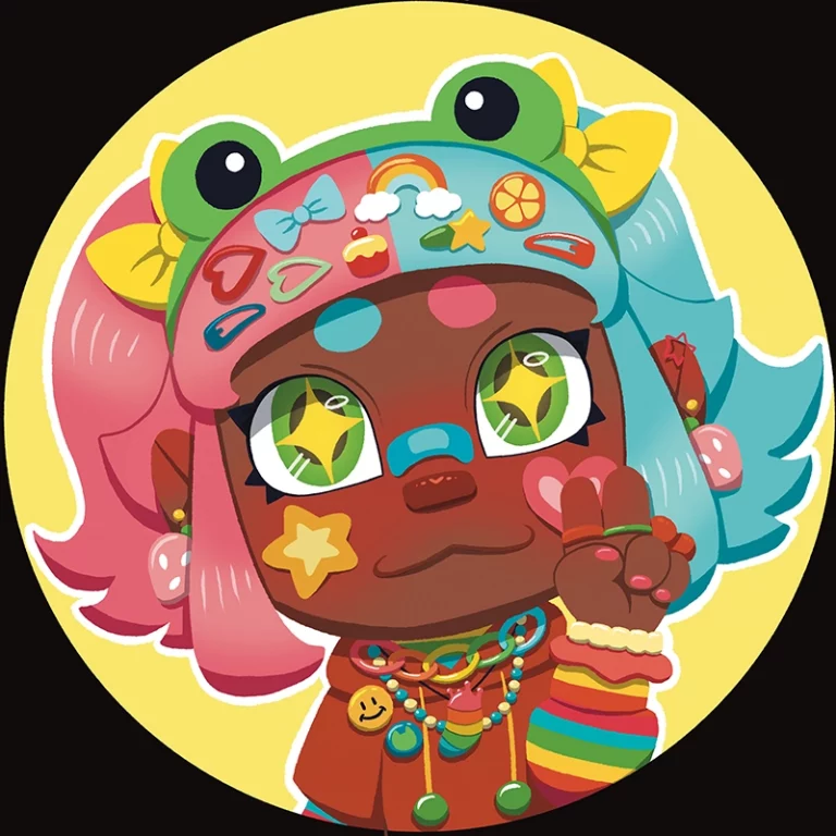 Dessin cartoon kawaii d'une fille au style décora multicolore