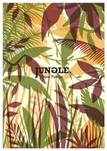 Couverture de livre avec comme titre Jungle, représentant des feuilles tropicales vertes, jaunes et violettes