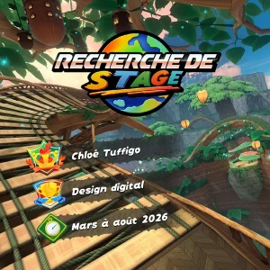 Montage photo avec logo recherche de stage à la manière du menu principal de Mario Kart World