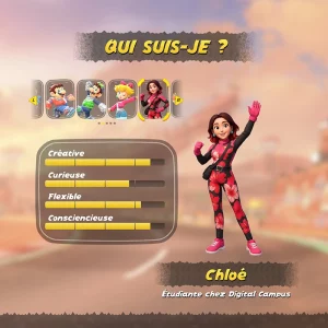 Montage photo de sélection de personnage à la manière de Mario Kart World avec les compétences de Chloé Tuffigo