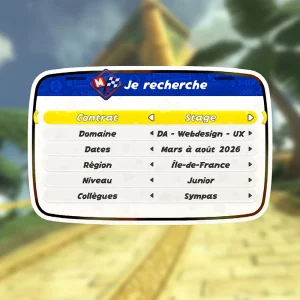 Montage photo exprimant des critères de recherche de stage à la manière d'un menu de sélection d'options dans Mario Kart World