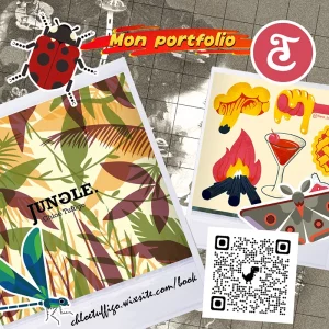 Montage photo représentant des dessins posés sur une carte de Mario Kart avec comme titre "mon portfolio" et un QR code c'accès