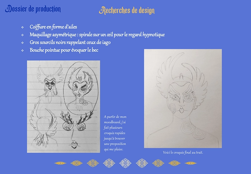 Croquis de recherche pour un look maquillage et coiffure inspiré de Iago dans Aladdin hypnotisé