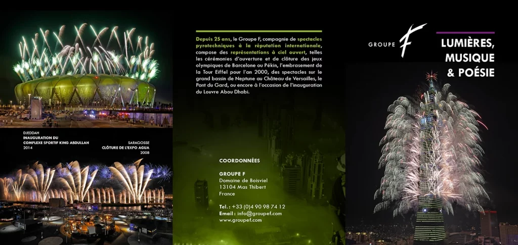 Dépliant publicitaire pour le Groupe F, entreprise de spectacles pyrotechniques