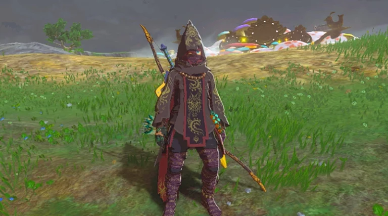 Capture d'écran du jeu The Legend of Zelda : Tears of Kingdom représentant Link portant la tenue des profondeurs devant la fontaine des fées