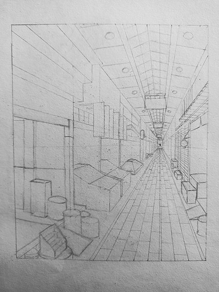 Croquis d'un dessin en perspective du marché de Nishiki à Kyoto au Japon