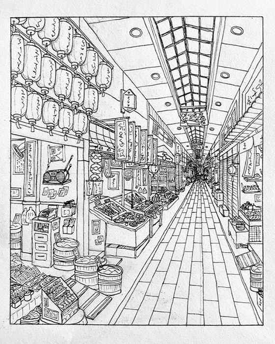 Dessin en perspective au feutre inspiré du marché de Nishiki à Kyoto au Japon