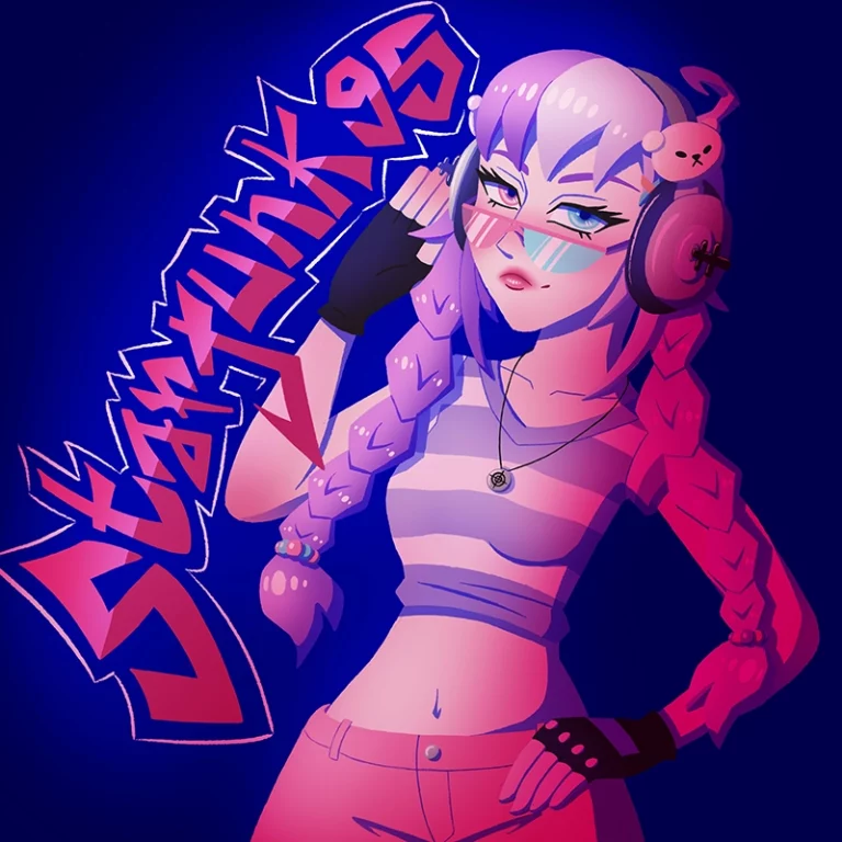 Dessin de style manga cartoon du personnage de Starjunk 95, une jeune fille aux cheveux violets avec un casque et des lunettes bicolores