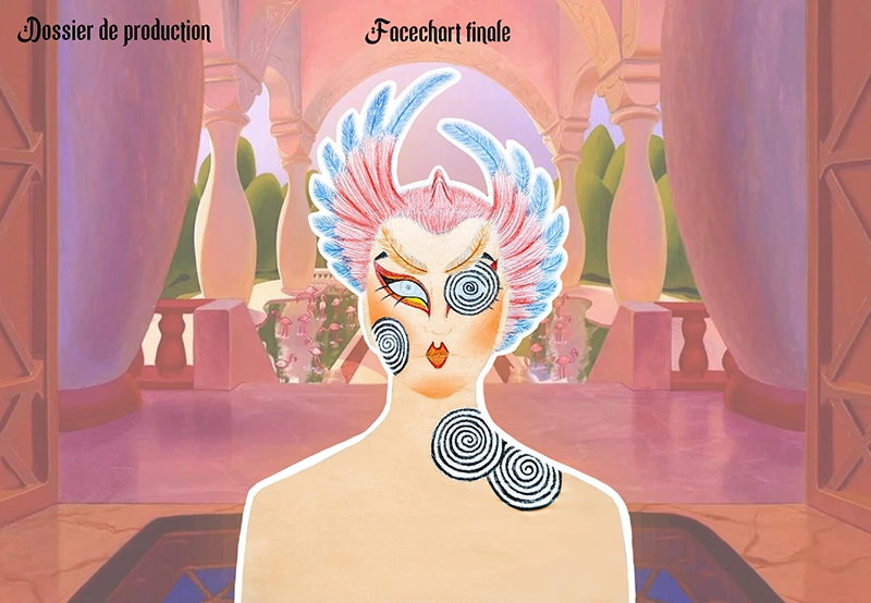 Facechart d'un look maquillage et coiffure artistique de Iago dans Aladdin hypnotisé