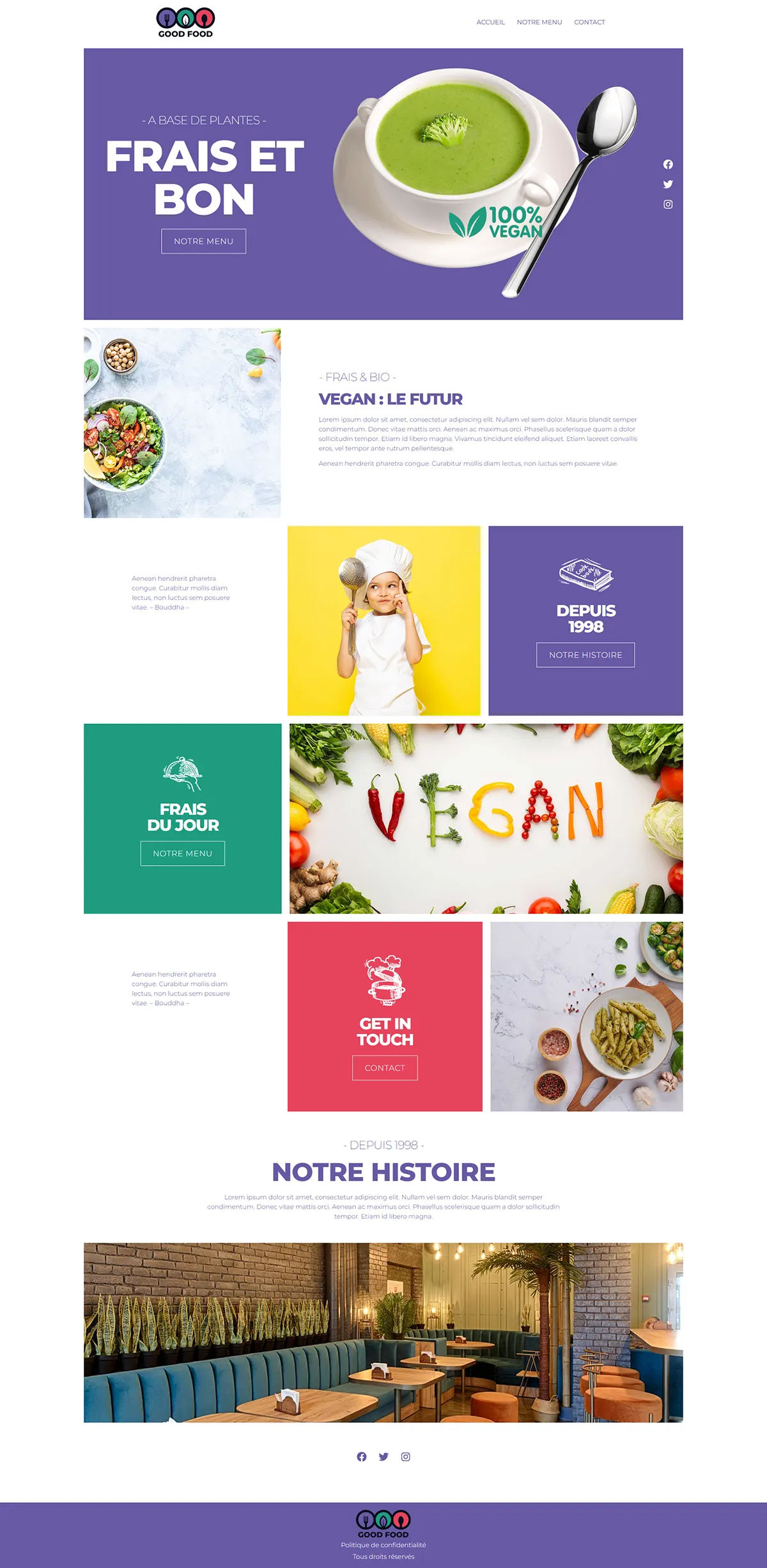 Capture d'écran d'une page d'accueil d'un site web de restaurant végan