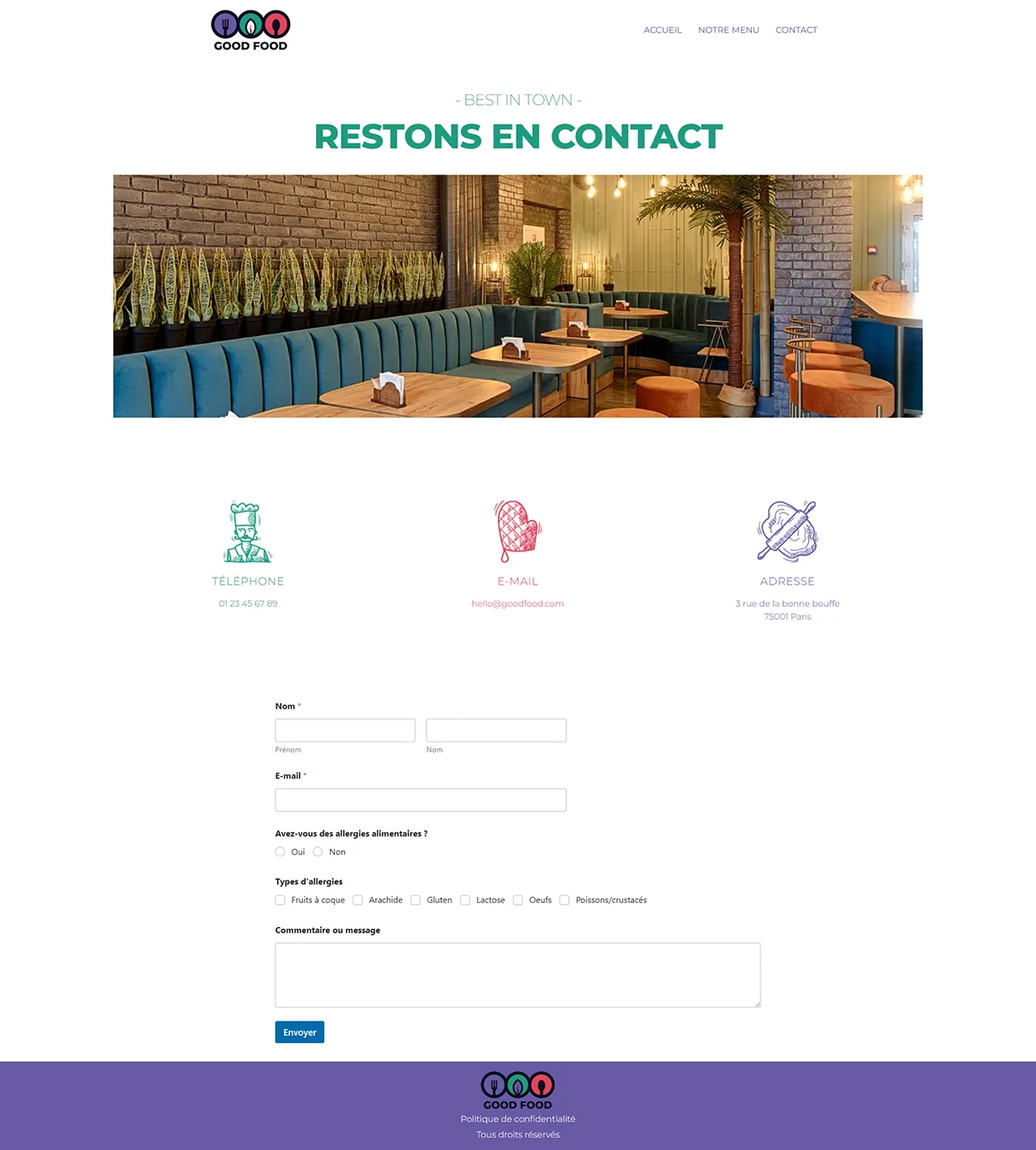 Capture d'écran d'une page de contact d'un site web de restaurant végan