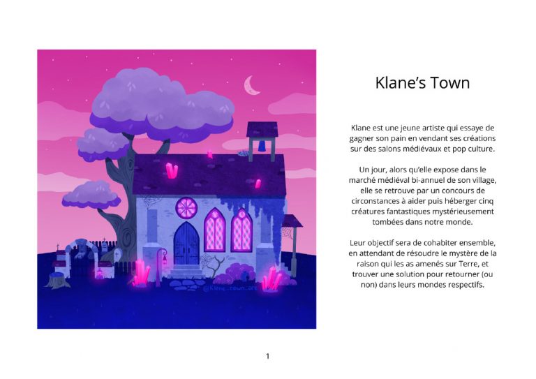 Dessin d'une chapelle à la tombée de la nuit avec des cristaux magiques dans des tons roses, violets et bleus, accompagné d'un texte