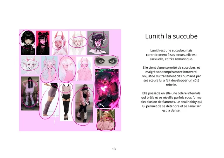 Moodboard de recherche pour la création d'une succube timide accompagnée d'un texte de description