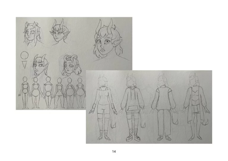 Croquis de recherche sur papier pour la création d'une succube timide