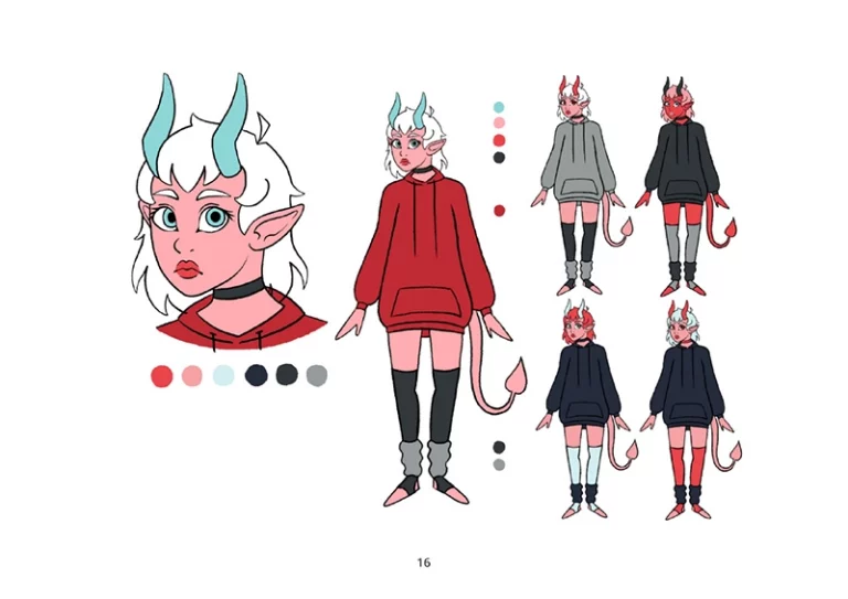 Planche de recherche couleurs d'une succube timide dans des tons roses, bleus et gris