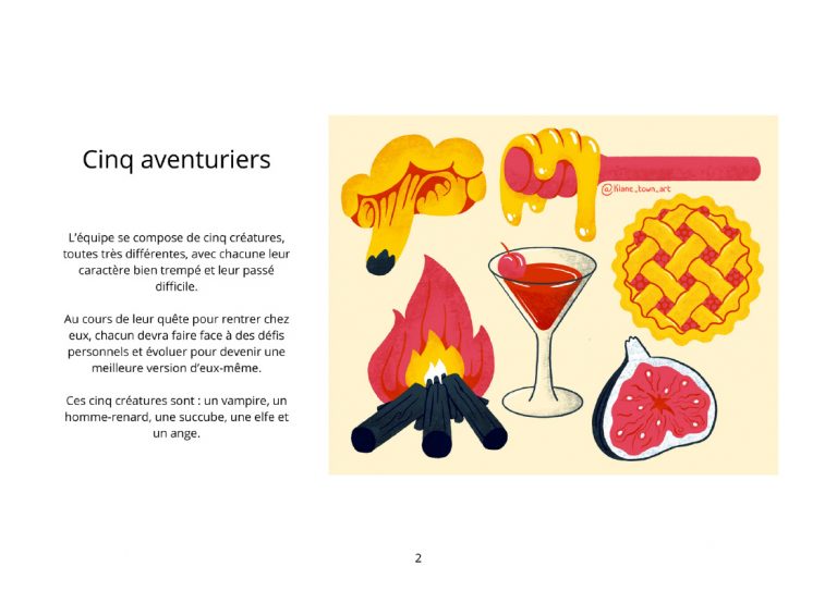 Dessin d'objets accompagné d'un texte explicatif. Une girolle, une cuillère à miel, une tarte, une figue, un verre à cocktail avec un liquide rouge, une feu de camp