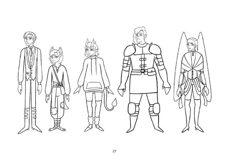 Dessin au trait de cinq personnages de style cartoon, un vampire, un homme renard, une succube, une guerrière, un ange