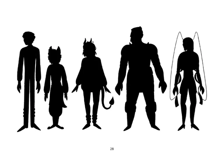 Silhouettes de cinq personnages de style cartoon, un vampire, un homme renard, une succube, une guerrière, un ange