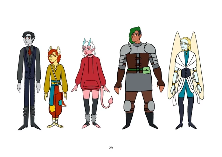 Dessin de cinq personnages de style cartoon en couleur, un vampire, un homme renard, une succube, une guerrière, un ange