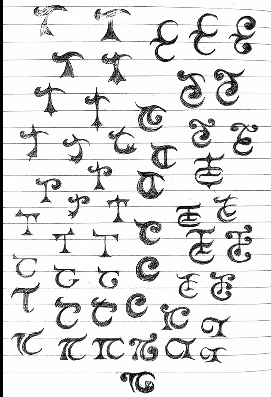 Croquis de recherche sur papier d'un monogramme avec les lettres CT