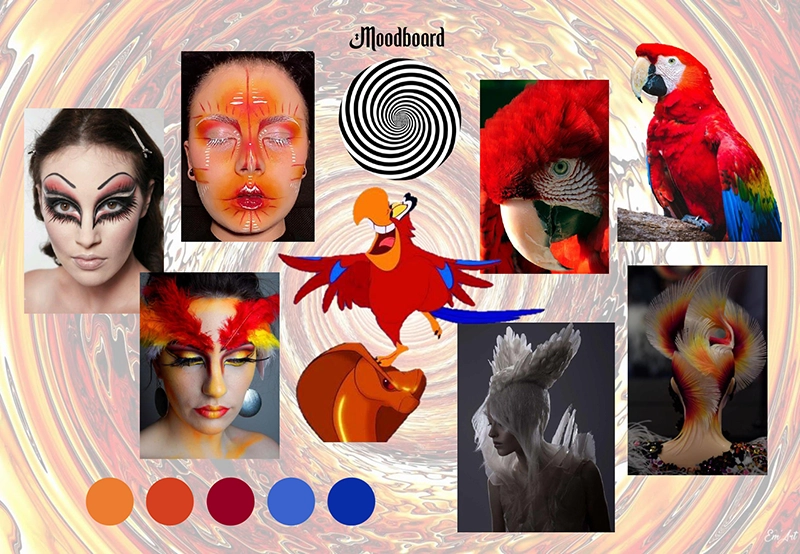Moodboard de recherche pour un look maquillage et coiffure inspiré de Iago dans Aladdin