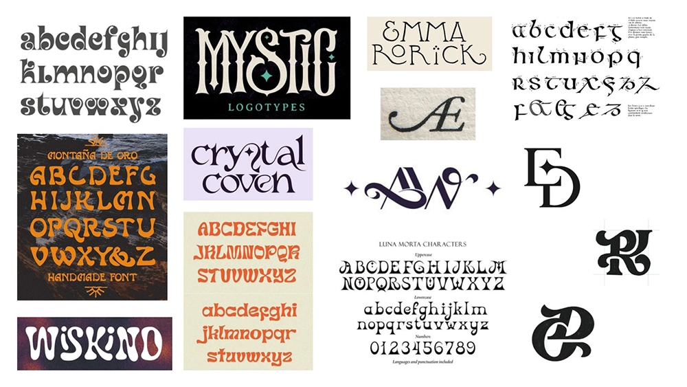 moodboard d'inspiration pour une identité visuelle inspirée d'écriture médiévale, psychédélique et fantasy