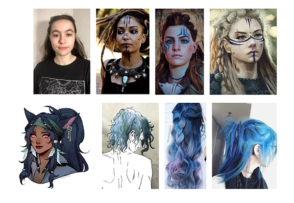 Moodboard d'une guerrière de tribu aux cheveux bleus