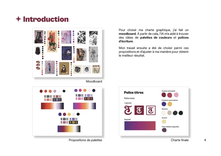 Moodboards de recherche de charte graphique pour identité visuelle