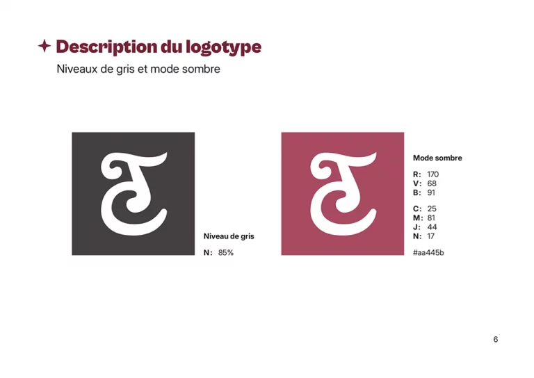Charte graphique, version niveau de gris et mode sombre du logotype