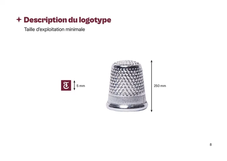 Charte graphique, taille d'exploitation minimale du logotype comparé à un dé à coudre