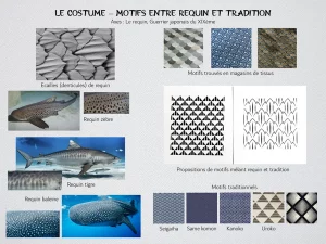 Planche de recherche sur les motifs de peau de requin comparés à des motifs traditionnels japonais pour créer des tissus inspirés des requins