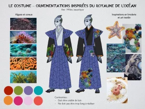 Planche de recherche de broderies en fil et en perles inspirées par l'océan et les coraux pour un costume d'homme requin