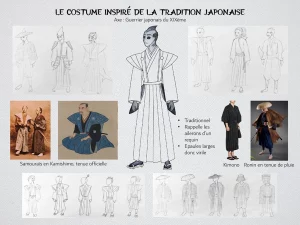 Planche de recherche de costume traditionnel japonais, samourais, kimono, ronin