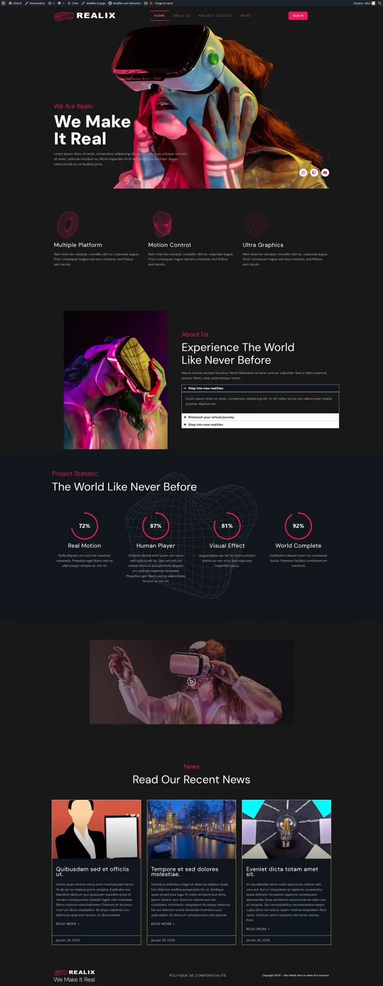Capture d'écran d'une page de site web sur la réalité virtuelle