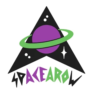 Logo Spacearow en couleur noir violet et vert, représentant une flèche vers le haut avec une planète et des étoiles