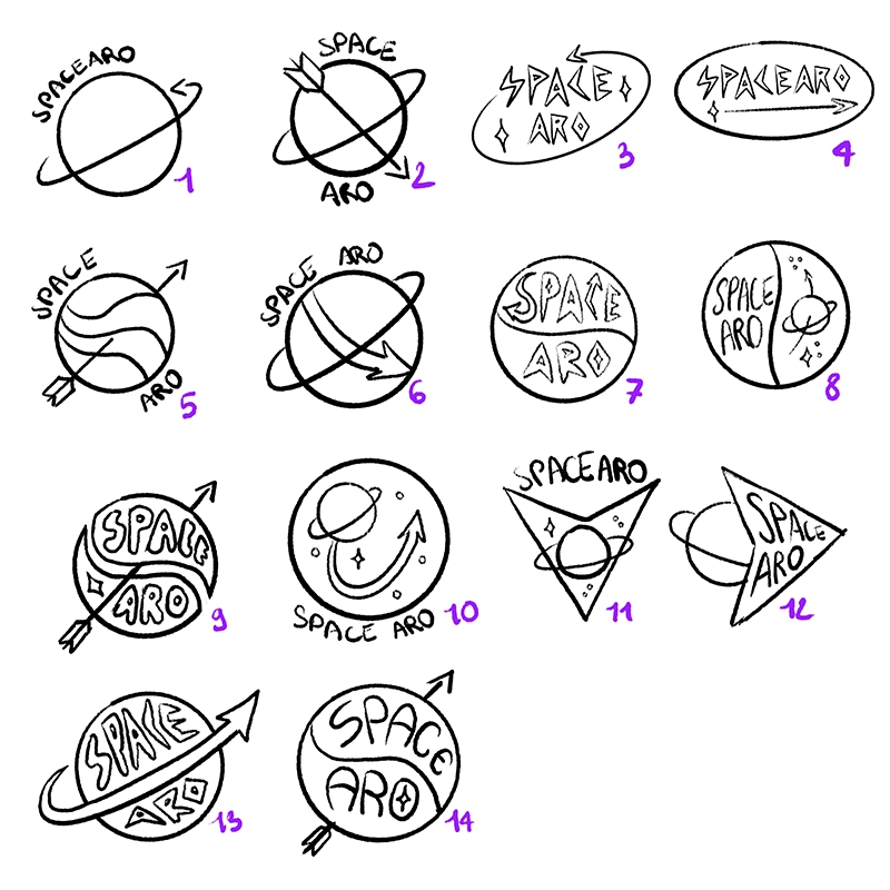 Croquis de propositions de logo pour le collectif Spacearow