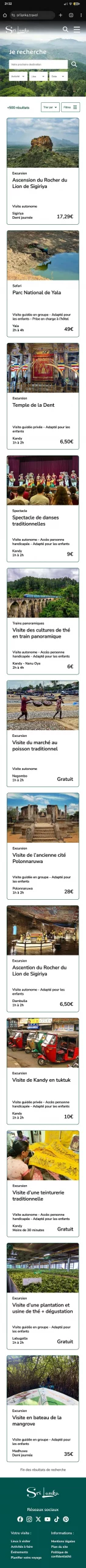Capture d'écran d'une maquette figma de page de recherche d'activité d'un site web mobile de tourisme du Sri Lanka