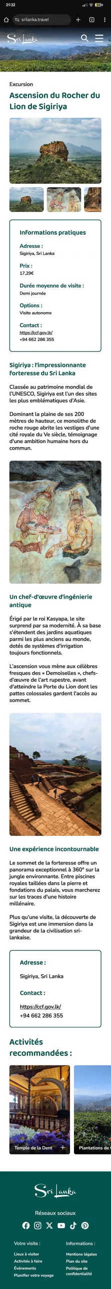 Capture d'écran d'une maquette figma de page activité d'un site web mobile de tourisme du Sri Lanka