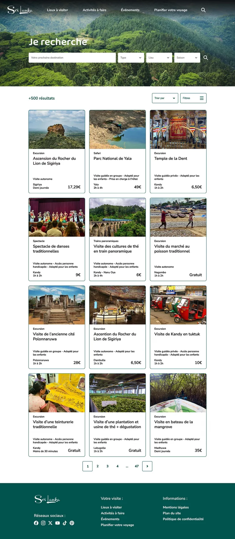 Capture d'écran d'une maquette figma de page recherche d'activité d'un site web de tourisme du Sri Lanka