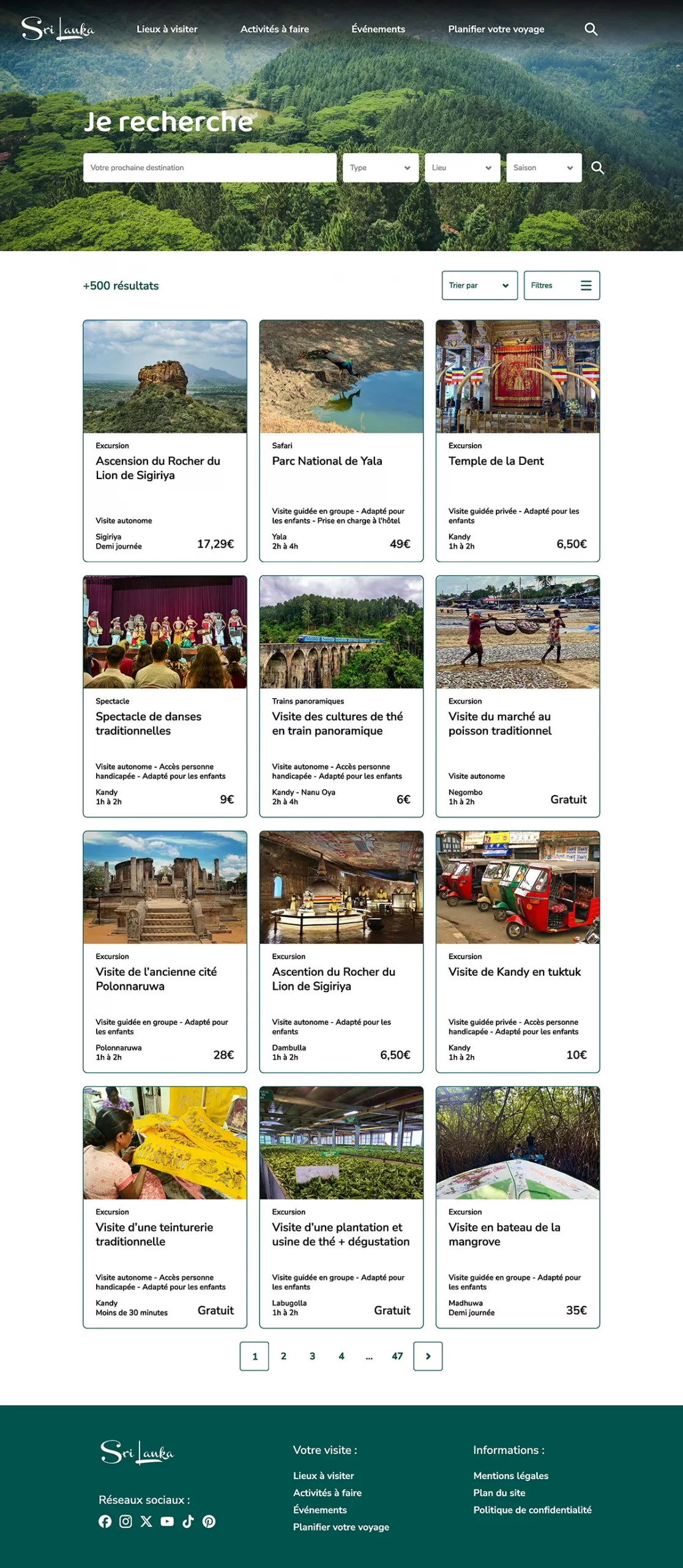 Capture d'écran d'une maquette figma de page recherche d'activité d'un site web de tourisme du Sri Lanka