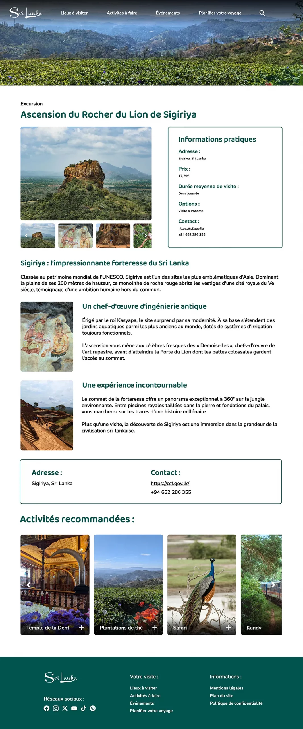 Capture d'écran d'une maquette figma de page activité d'un site web de tourisme du Sri Lanka