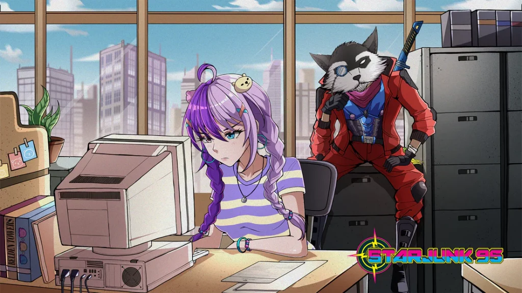 Dessin des personnages de Starjunk 95, une jeune fille aux cheveux violets dans un style manga et un raton laveur humanoide dans un bureau