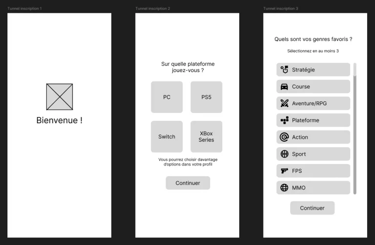 Wireframes sur Figma d'un tunnel d'inscription d'une application de veille sur les jeux vidéos