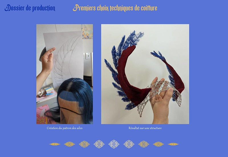 Planche de recherche de fabrication de structure de coiffure artistique en forme d'ailes de perroquet