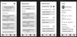 Wireframes sur Figma d'une application de veille sur les jeux vidéos